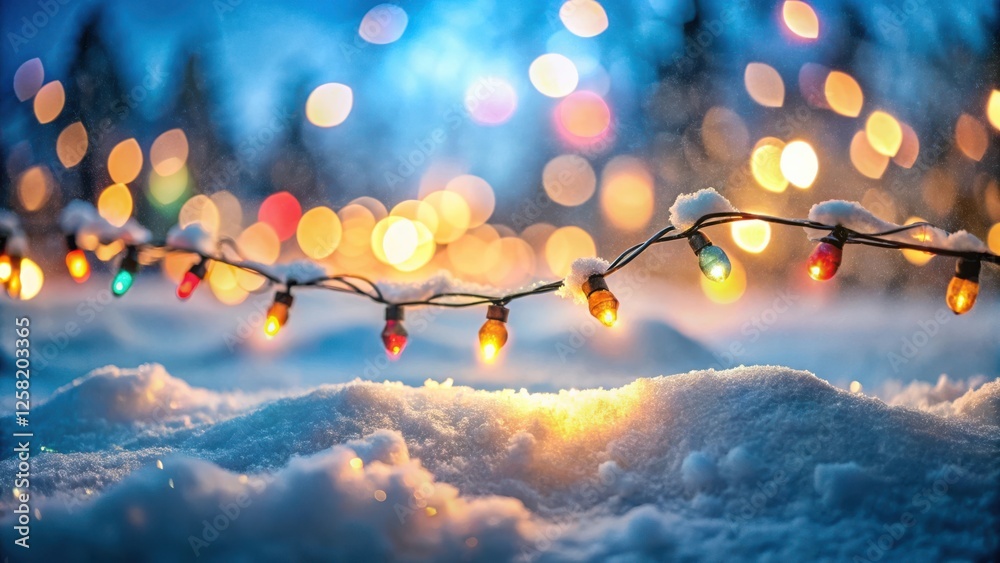 Poster A string of twinkling lights draped across a snowy landscape, casting a warm glow against a backdrop of blurred bokeh lights.