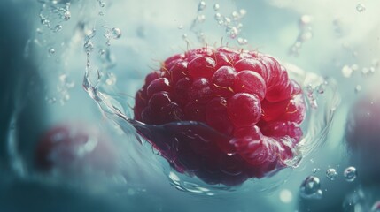A red raspberry floating in water, surrounded by tiny water bubbles and gentle splashes.