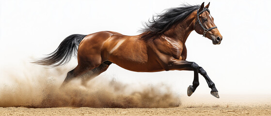 Chestnut Stallion in Motion: A majestic chestnut stallion with a flowing black mane and tail gallops across the sand, kicking up a cloud of dust in a breathtaking display of power and grace.