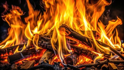 Fototapeta premium A bonfire with flames licking at the charred logs, creating a mesmerizing dance of light and heat.