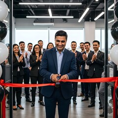 Bank director cutting the red ribbon to open a new branch, marking a significant business milestone.

