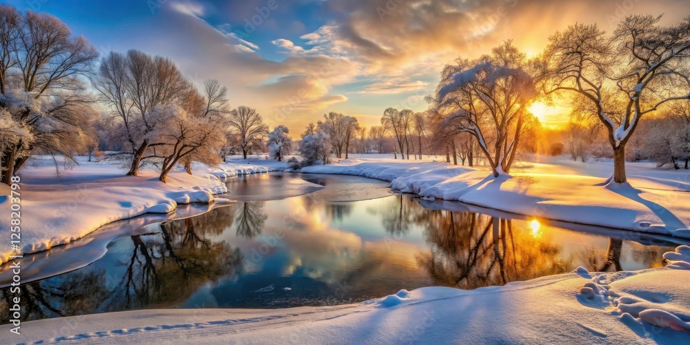 Poster a winter wonderland with frosted trees reflecting in the serene water of a frozen river under a vibr