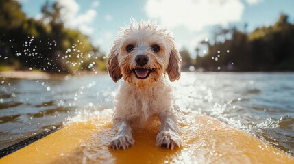 A joyful Maltipoo balancing gracefully on a stand up paddle board floating. Water splashes fly into the camera 