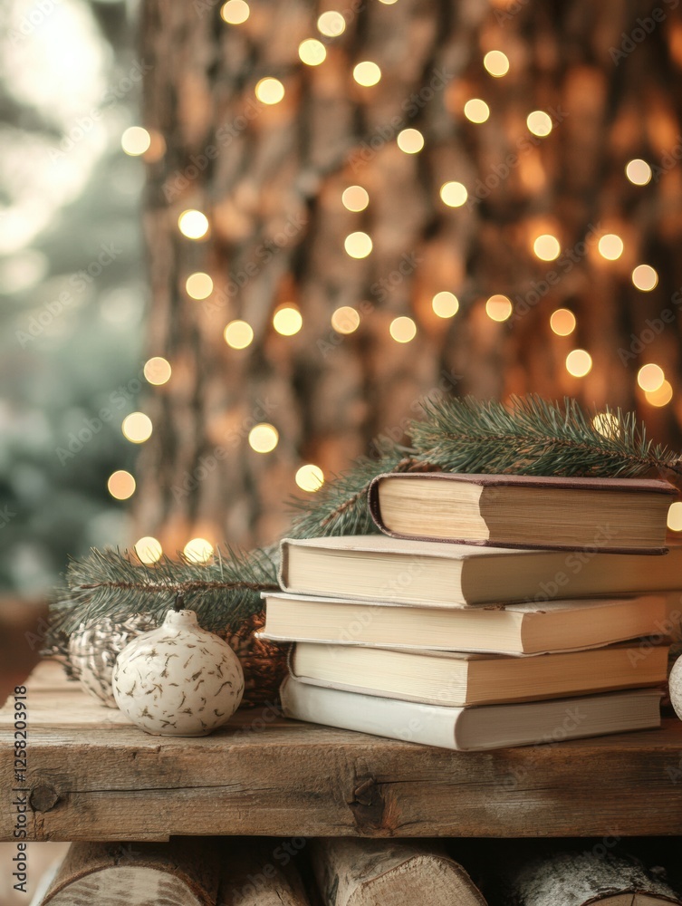 Aufkleber Cozy stack of books on rustic wooden shelf with twinkling lights and natural decorations in a warm setting. Generative AI