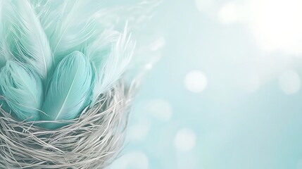 Obraz premium Serene Bird Nest Filled With Aqua Blue Feathers Artistic Soft Focus Dreamy Pastel Background
