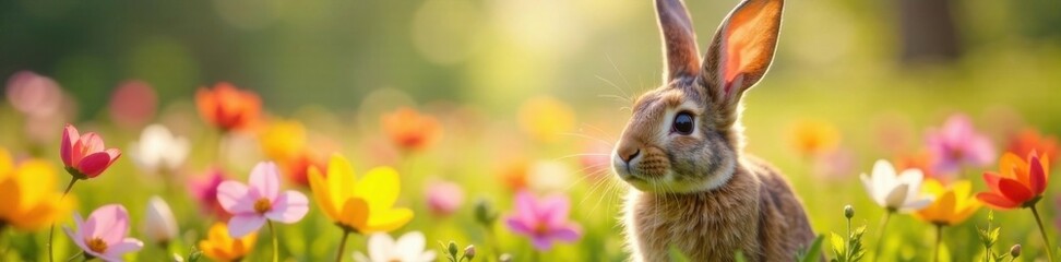 Obraz premium Close-up of Easter bunny ears in a field of vibrant flowers, easter eggs, bunny ears,