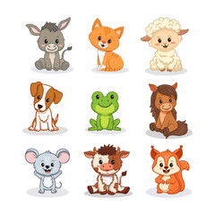 Set of cartoon cute animals including puppy, dog, donkey, horse, lumb, sheep, cow and frog, mouse, squirrel cat, kitten, horse. Funny animals for magazines, postcards, cards. Vector illustration