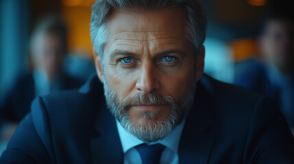 Fototapeta premium Confident Businessman Portrait: A striking close-up portrait of a mature businessman with piercing blue eyes and a well-groomed beard, exuding confidence and determination.