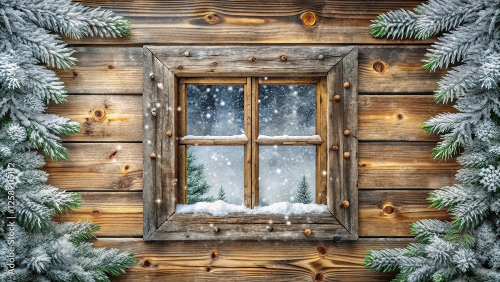 Aufkleber a rustic wooden cabin window with snow-covered evergreen branches framing the view of a winter wonde