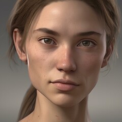 Fototapeta premium A highly detailed, hyper-realistic close-up portrait of an AI-generated human face. This digital artwork features lifelike skin textures, expressive eyes, and natural lighting.