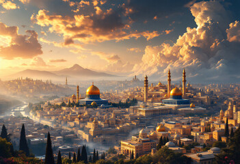 Naklejka premium Panoramic View of Jerusalem Cityscape at Sunset with Golden Domes