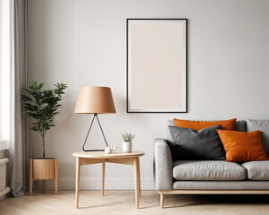 Frame mockup. Living room wall poster mockup. Interior mockup with house background. Modern interior design. 3D render. Orange color