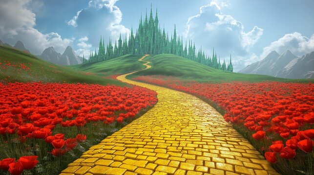 The yellow brick road leads to the green emerald city in the distance, passing through a field of poppies.