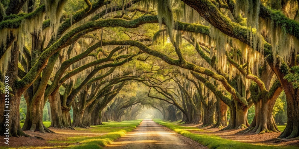 Poster a sunlit path through an ancient oak grove, where moss drapes like emerald curtains, creating a myst