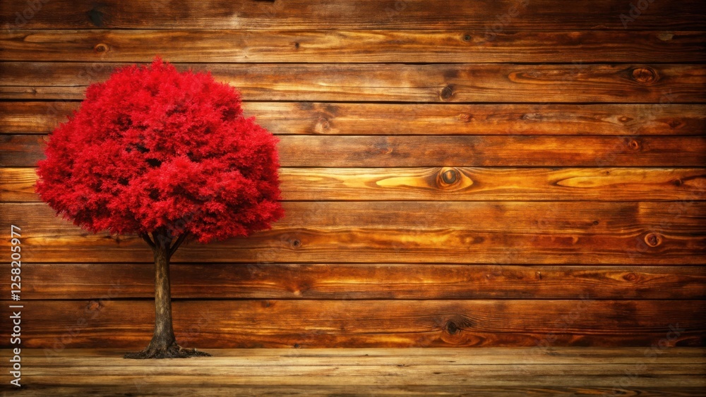Poster A vibrant red tree stands tall against a warm backdrop of rustic wooden planks, creating a striking contrast of color and texture.