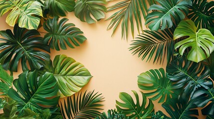 Lush Green Tropical Leaves Framing a Soft Yellow Background for Creative Design Use