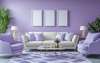 Fototapeta premium Lavender living room interior design; sofa, armchairs, rug