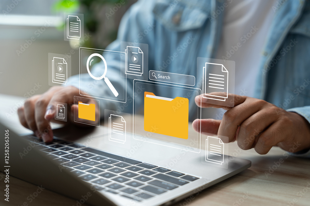 Fototapete Document management system (DMS) for business, Secure online folder and file sharing with virtual cloud access, Efficient team communication, and Data security, Online database ,Cloud storage
