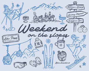 Après-ski - Whimsical hand drawn illustration set, vector collection