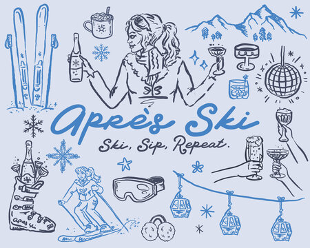 Apr&egrave;s-ski - Whimsical hand drawn illustration set, vector collection