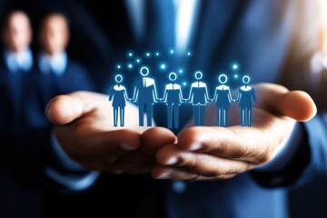 Hands Holding Digital People Icons Representing Teamwork, Collaboration, and Community in a Professional Business Setting