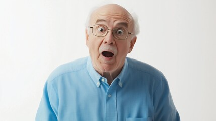 Obraz premium Surprised elderly man in glasses and a light blue shirt with wide eyes and open mouth against a white background. Concept of shock, amazement, and unexpected reaction. 