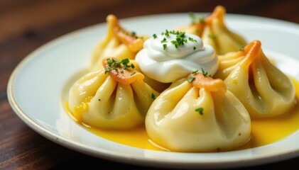 Close-up of pierogi with melted butter and sour cream, sour cream, filling, savory