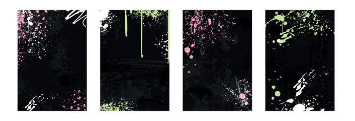 Abstract graffiti borders, rectangle frames with spray paint drops, splatter texture, urban elements and inky drips. Vector set of hand drawn hip hop street art black covers with dirty grunge splashes