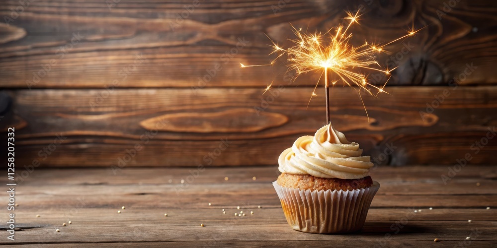 Aufkleber sparkling celebration a single cupcake with a frosted topping and a lit sparkler on a rustic wooden 