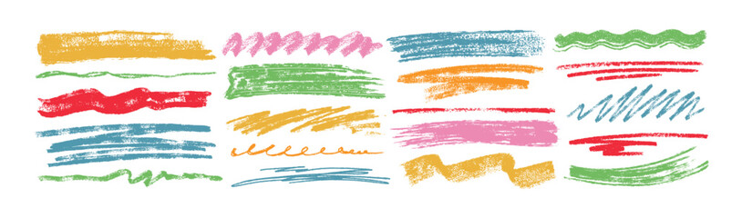 Colored charcoal underlines, scribbles and wavy brush strokes. Kids hand drawn doodle squiggles, curly lines. Pencil chalk think and rough stripes, freehand crayon smudges isolated on white background