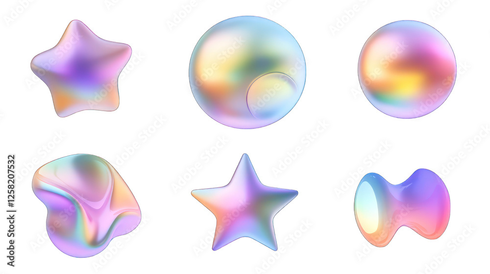 Wall mural set of abstract star circle gradient freeform shape form fluid holographic iridescent 3d render icon