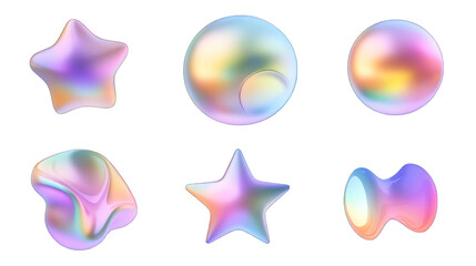 set of abstract star circle gradient freeform shape form fluid holographic Iridescent 3d render icon isolated on white background