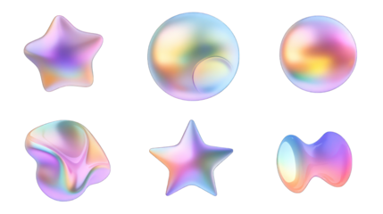 set of abstract star circle gradient freeform shape form fluid holographic Iridescent 3d render icon isolated on white background