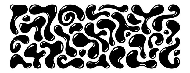 Set of black irregular blobs, random liquid organic drop shapes. Amorphous splodges, asymmetric spots, fluid uneven elements or simple amoeba figures. Abstract glossy smooth forms on white background