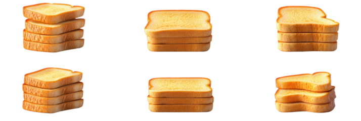 Toast Variations: Six slices of golden-brown toast in various stacks and angles, showcasing textures and light reflections. Perfect for culinary, breakfast, isolated on transparent