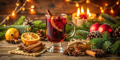 A festive glass of warm mulled wine with cinnamon sticks, orange slices, and star anise, surrounded by evergreen branches, pine cones, and candles