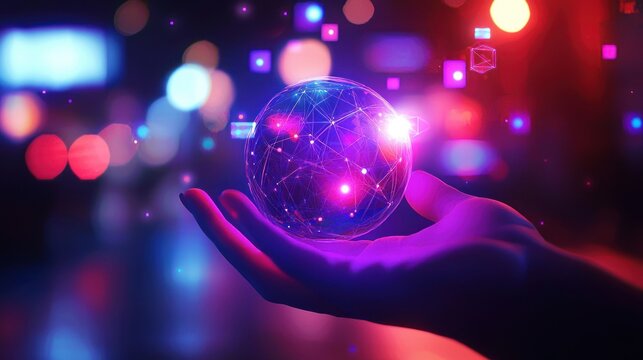 Hand holding glowing sphere with network connections, futuristic digital concept. - Powered by Adobe