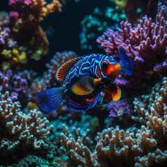 Obraz premium A psychedelic mandarin fish in a glowing coral cave.