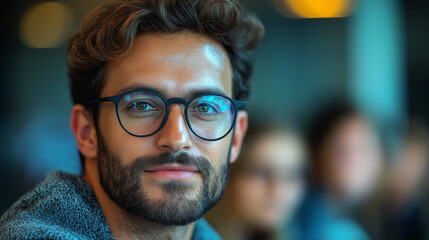 Confident Gaze:  A young man with a stylish beard and black framed glasses stares thoughtfully into the distance, his piercing blue eyes holding an air of calm determination.