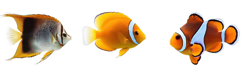 Tropical Fish Trio:  Three vibrant tropical fish, each with distinct coloration and patterns, swim gracefully against a clean backdrop, isolated on transparent