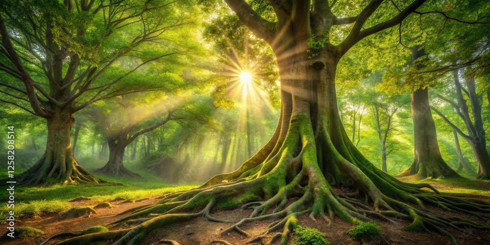 Poster sunlight filtering through the canopy of a lush green forest, illuminating the gnarled roots of a ma