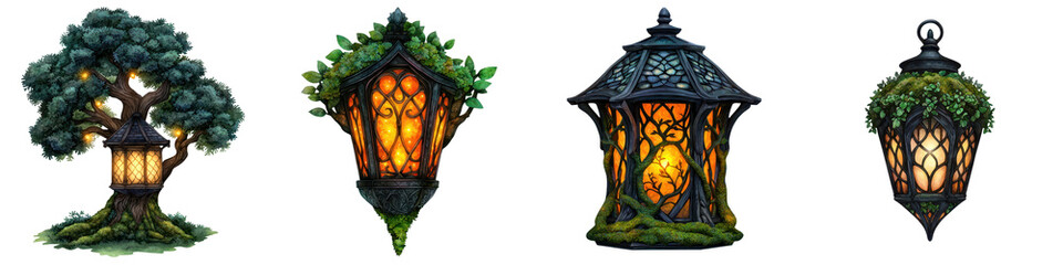 Enchanting fairy tale lanterns glowing in a magical woodland scene with whimsical ethereal and captivating atmosphere