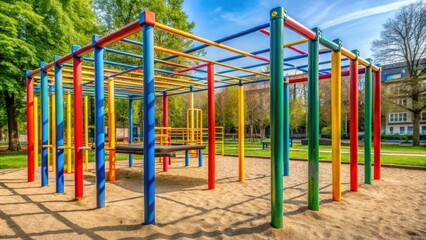 Fototapeta premium A brightly colored playground structure in a park, with blue, green, yellow, and red poles forming a large climbing frame, set on a bed of soft sand, with the sun casting long shadows