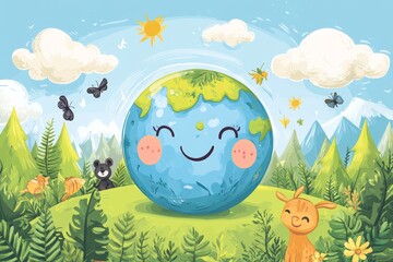Cute cartoon-style illustration of the Earth with a happy face