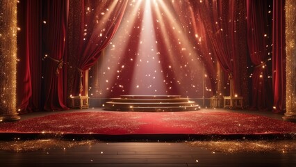 1. "Theater Background with Red Stage, Curtain, and Falling Gold Confetti"