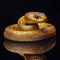 Obraz premium Golden snake coiled on reflective surface showcasing intricate scales and striking features in a studio setting. Generative AI