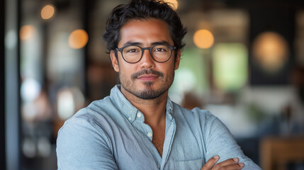 Obraz premium Confident Gaze: A portrait of a man in a light blue shirt and eyeglasses, with a focused expression, conveys an air of confidence, professionalism, and determination.