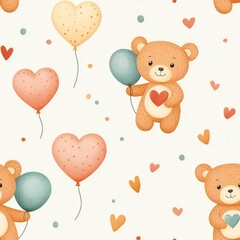 Soft pastel watercolor baby shower seamless pattern concept. Cute bears with balloons and hearts on a light background