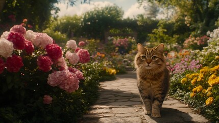 Serene Garden Stroll Cute Tabby Cat Posing Amidst Pink Hydrangeas Blooms and Greenery Path