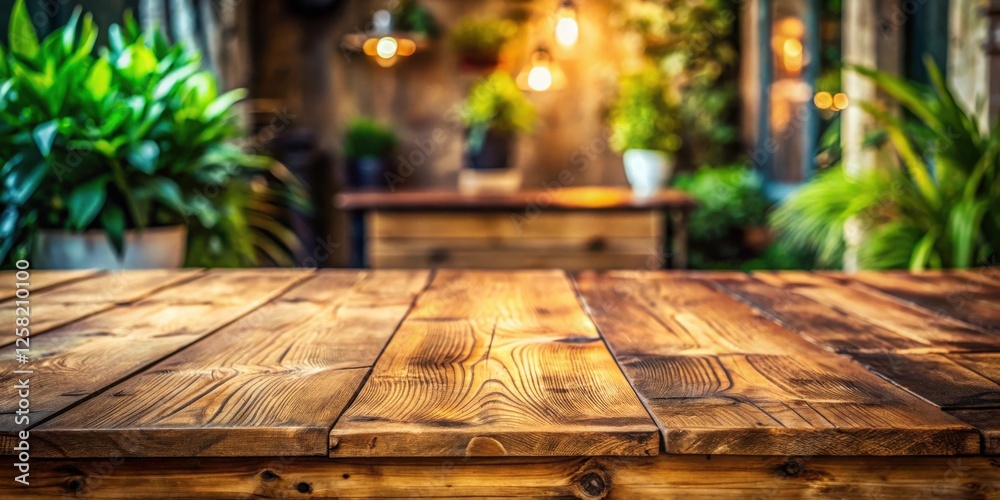 Poster Rustic wooden table top in a cafe with a blurry background of greenery and warm lighting